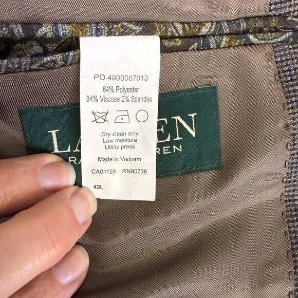 Lauren Ralph Lauren Men’s Brown Check Blazer 42L – Subtle Blue Accent Sport Coat - Picture 9 of 10